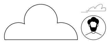 Bulut çizgisi, dairesel rozetli kullanıcı avatarı, küçük bulut simgesi çizgisi sanatı. Teknoloji, bulut hesaplama, veri paylaşımı, çevrimiçi profil, ağ depolama asgari tasarım kavramları için ideal. Basit düz