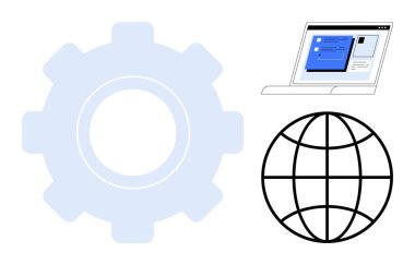 Dişliler, dijital arayüze sahip dizüstü bilgisayarlar, ve küresel ağ, yenilik, otomasyon, çevrimiçi sistemler, dijital çözümler, ve basit bir düz olarak yazılım geliştirme teknolojisi,