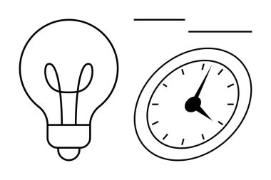 Ampul ve analog saat yenilik ve zaman verimliliğini resmediyor. Üretkenlik, yönetim, yaratıcılık, planlama, yenilik, iş akışı, strateji için idealdir. Basit bir düz metafor.