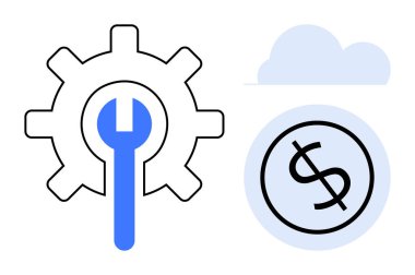 Vites ve mavi anahtar buluttaki bir dolar işaretinin yanında optimizasyonu simgeliyor. Finans, teknoloji, bakım, maliyet yönetimi, strateji, yatırım, bulut çözümleri için ideal. Basit bir daire.
