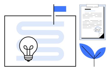 Bayrak ile hedef yolu, fikirler için ampul, anlaşma için imzalanmış sözleşme ve sürdürülebilirliği simgeleyen yaprak. Yenilik için ideal, hedef belirleme, planlama, çevre girişimleri, iş