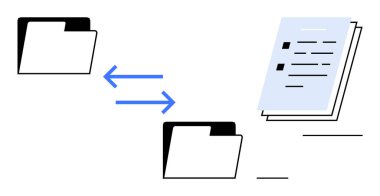 Oklarla vurgulanan, akış ve belge düzenini gösteren dosyalar arasındaki değiş tokuş. Veri yönetimi, dosya transferi, iletişim, bilgi akışı, organizasyon, dijital için ideal