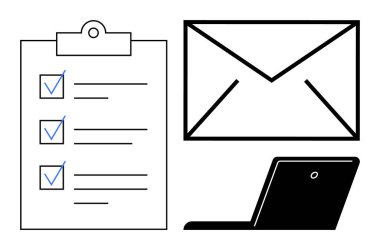 Tamamlanmış kontrol listesi, e-postayı sembolize eden zarf ve dizüstü bilgisayarlı pano. Üretkenlik, organizasyon, görev yönetimi, iletişim, teknoloji dijital iş akışı işbirliği için idealdir. Basit.