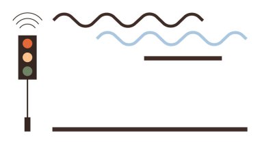 Trafik ışığı, minimalist çizgiler ve renklerle sinyal dalgaları yayıyor. Basit bir dairede ulaşım, bağlantı, iletişim, akıllı teknoloji, ağ, veri akışı ve yenilik için ideal