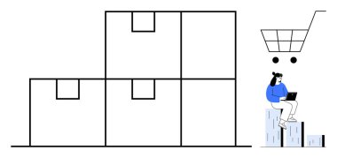 Depolarda istiflenmiş kargo kutuları, alışveriş arabası ikonu, dizüstü bilgisayarda envanteri yöneten kişi. Lojistik, perakende, e-ticaret, depo, veri analizi alışverişi için ideal. Temiz daire