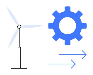 Rüzgar türbini ve oklu mavi dişli enerji akışını ve dönüşümünü gösteriyor. Enerji geçişi, sürdürülebilirlik, yenilik, teknoloji, temiz güç, mühendislik, verimlilik için idealdir. Basit.