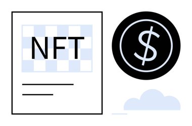 NFT belgesi, karman çorman bir arka plan ve bir bulutun üstünde yüklü miktarda para. Engelleme zinciri, kripto para birimi, dijital sanat, akıllı sözleşmeler, çevrimiçi yatırım, fintech, basit düz metafor için ideal