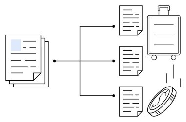 Sıralanmış belgeler, bavul ve paraya bağlı bir yığın kağıt. Organizasyon, iş akışı, arşivleme, yönetim, finans verimliliği ve sistemlendirme için ideal. Basit düz metafor