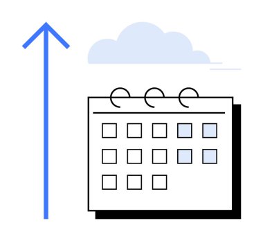 Bir ışık bulutunun altında dikey yukarı doğru bir okun yanındaki spiral takvim ızgarası. Zamanlama, verimlilik, planlama, büyüme, ilerleme, zaman yönetimi, hedef belirleme için ideal. Basit düz metafor
