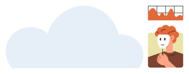 Bulut grafiği ve veri tablosunun yanında bir maskenin kaldırılması, dürüstlük, kimlik, şeffaflık, kişisel büyüme, farkındalık, veri analizi ve ön cepheleri yansıtıyor. Basit düz metafor