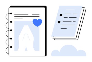 Dua eden elleri ve kalp ikonu olan defter, altta bulut, yığılmış belge sayfaları. Maneviyat, farkındalık, inanç, günlük, meditasyon, kendini ifade etme için idealdir. Basit düz metafor