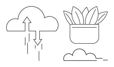 Veri oklu bulut, yapraklı saksı bitkisi ve minimum bulut elementi. Teknoloji, büyüme, sürdürülebilirlik, çevre, gelişim ağı dijital dönüşümü için idealdir. Basit düz