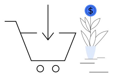 Minimalist alışveriş arabasının yanında saksı bitkisi ve para işareti olan bir ok var. E-ticaret, ekonomik büyüme, tasarruf, yatırım, perakende, finansal planlama için ideal, basit düz metafor
