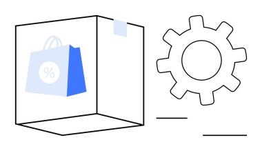 İçinde alışveriş çantası ve indirim sembolü olan bir kutu, çevrimiçi alışveriş, lojistik, otomatik süreçler ve ticaret sistemlerini temsil ediyor. Perakende, otomasyon, teknoloji ve e-ticaret için ideal