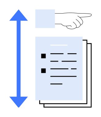 Yatay metin satırları ve dikey mavi oku olan el işaretleri. Navigasyon, yön, seçim, karar verme, dosya düzenleme, iş akışı için ideal