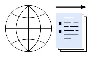 Küresel ilerlemeyi, veri paylaşımını ya da bilgi paylaşımını simgeleyen ileriye dönük bir ok içeren bir yığın belge ile birlikte dünya ızgara küresi. Teknoloji, iş, iletişim için ideal