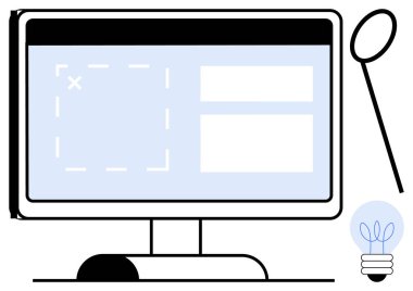 Çizgili kutu, metin kutuları, büyüteç ve ampulü simgeleyen masaüstü monitörü tasarım, keşif, yaratıcılık, yenilik, beyin fırtınası, araştırma ve basit bir düz metafor olarak odaklanma