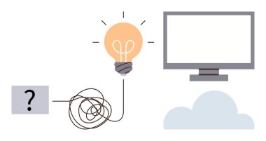 Soru bloğundan ampule karışık yol fikirleri temsil ediyor, bulut bağlantılı monitörle bitiyor. Yaratıcılık, yenilik, problem çözme, analitik, bulut hesaplama, bağlantı için ideal