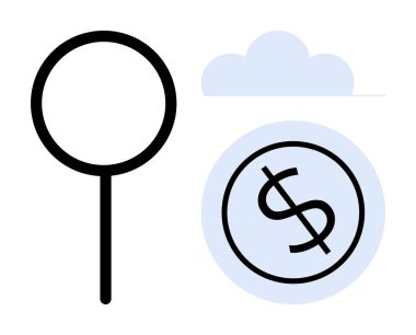 Büyüteç bulutun altındaki dolar işaretine odaklanıyor. Finansal arama, tasarruf, yatırım analizi, bulut hesaplama, ekonomik araştırma, fintech, basit düz metafor