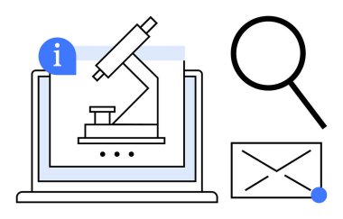 Dizüstü bilgisayar ekranındaki mikroskop, büyüteç ve zarf araştırma, analiz ve iletişimi temsil ediyor. Eğitim, bilim, teknoloji, biyoloji yazışmaları, yenilik için idealdir.