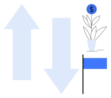 Yukarı ve aşağı oklarla eşleştirilmiş bir bitki, bir dolar işareti ikonu ve bir direğin üzerinde mavi bir bayrak. Yatırım, finans, başarı, büyüme takibi, strateji, liderlik ve karar verme için ideal. Basit.