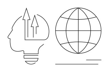 Yukarı doğru oklu bir baş silueti büyümeyi sembolize ediyor, bir dünya çizgisi ile eşleştirilmiş. Yenilik için ideal, küresel fikirler, iş vizyonu, yaratıcılık, bilgi, eğitim ve takım çalışması için. A