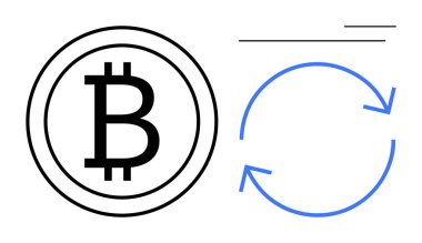 Bitcoin sembolü mavi dairesel okların yanındaki çemberin içinde finansal transferi ya da döngüsel yenilenmeyi işaret ediyor. Kripto para birimi, engelleme zinciri, finans, dijital cüzdan, fintech, ekonomi, basit