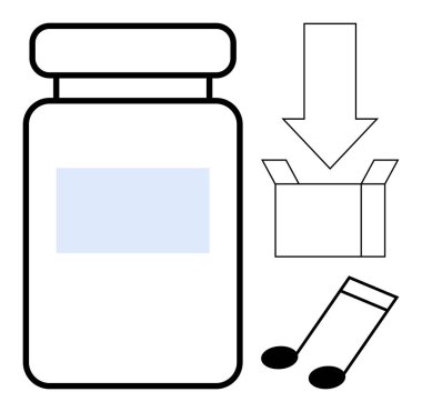 İlaç şişesi, açık kutu, aşağı doğru ok ve yaratıcılığı, ambalajı, lojistiği, müzikal fikirleri, üretkenlik sağlığını ve yeniliği sembolize eden notalar. Sağlık hizmeti müzik dağıtımı için ideal