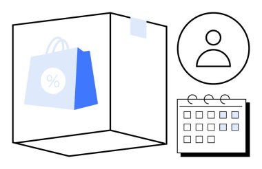 Paket kutusunun içinde indirim işareti, kullanıcı profili simgesi ve takvim olan bir alışveriş çantası. E-ticaret, perakende satış, satış planlaması, dağıtım, programlama, tüketici davranışı için ideal basit düz metafor