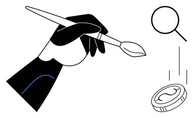 Boya fırçalı sanatsal el, büyüteç ve düşmekte olan bozuk para yaratıcılığı, keşfi ve değeri simgeliyor. Sanat, yenilik, finans analizi keşif eğitimi ve minimalizm için idealdir. A