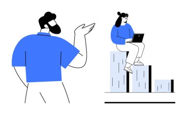 Erkek sunum yapar, kadın dizüstü bilgisayarla uğraşırken bar tablosuna el kol hareketi yapar. Takım çalışması, veri analizi, iş stratejisi, ilerleme, işbirliği, uzaktan çalışma profesyonel büyüme için ideal. Basit.