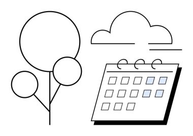 Daireli ağaç, bulut ve takvim. Zamanlama, planlama, çevre, sürdürülebilirlik, verimlilik farkındalığı zaman yönetimi için idealdir. Basit bir düz metafor.