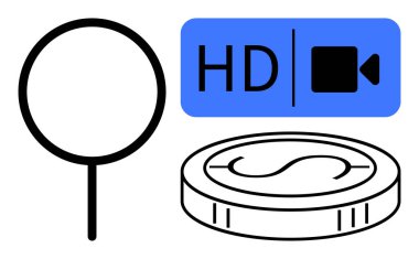 Büyüteç, HD video ikonu, ve madeni para vurgu odağı, yüksek kaliteli medya ve finans. Araştırma, teknoloji, kalite kontrol ekonomisi yenilikçi piyasa analizi için idealdir. Basit.