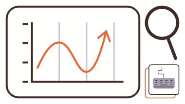 Yukarı doğru eğilimli çizgi grafiği, büyüteç, veri büyümesini, analizini, araştırmasını vurgulayan küçük klavye. İş, finans, eğitim, raporlama yeniliği için idealdir basit düz