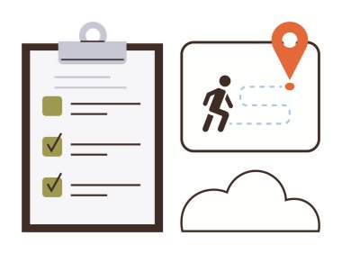 Pano kontrol listesi, konum işaretleyicisi olan bir kişi, ve bir bulut simgesi. Görev organizasyonu, navigasyon, verimlilik, planlama, iş akışı hedef belirleme ve bağlantı için idealdir. Basit.