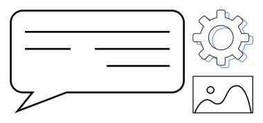 Konuşma balonu, vites ve görüntü. İletişim, ayarlar, tasarım süreci, geri besleme, dijital araçlar işbirliği yeniliği için idealdir. Minimalist ve basit düz metafor