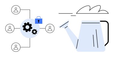 Dişlilere bağlı kullanıcı simgeleriyle bağlantılı düğümler ve güvenli veri paylaşımı için asma kilit, yeniliği sembolize ediyor. Takım çalışması, büyüme, yaratıcılık ve siber güvenlik için ideal