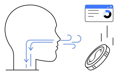 Nefes alan hava akışı okları, harita ekranı ve bozuk parası olan insan kafası. Sağlık izleme, solunum analizi, finansal sağlık, teknoloji, veri işleme, hava akışı çalışması için ideal basit düz metafor