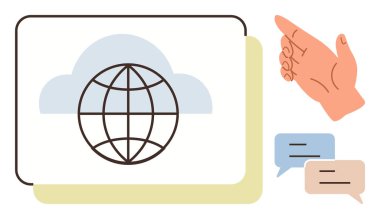 Ekranda bir bulutun içinde bir dünya, jest yapan bir el ve konuşma baloncukları. Teknoloji, ağ kurmak, iletişim, işbirliği, küresel bağlantı eğitimi için ideal. Basit düz metafor