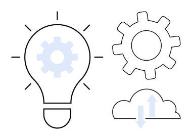 İçinde dişli bir dişli ampul, dişli tekerlek ve oklu bulut yaratıcılığı, teknolojiyi ve veri akışını sembolize eder. Yenilik, takım çalışması, başlangıç süreci strateji bilişim ağı kurmak için ideal. Minimalist