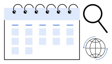 Sarmal bağlayıcı, büyüteçle ve oklu küreyle takvim. Zamanlama, organizasyon, küresel planlama, üretkenlik, analiz, zaman yönetimi uluslararası işbirliği için ideal