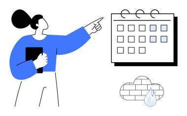 Tablet tutan ve takvimine işaret eden yağmur bulutu sembollü bir kadın. Program, organizasyon, zaman yönetimi, hava planı, verimlilik, görev belirleme hatırlatmaları için idealdir. Basit.