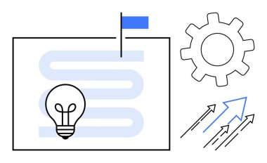 Yol haritasında ampul, bayrak, işlem için teçhizat ve ilerleme için yukarı doğru oklar. Yaratıcılık, yenilik, planlama, verimlilik, takım liderliği profesyonel büyüme için idealdir. Basit düz