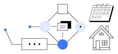 Akıllı bir ev, takvim ve dijital bileşenleri birbirine bağlayan birbirine bağlı düğümleri gösteren diyagram. Teknoloji için ideal, akıllı yaşam, loto, otomasyon, ev yenileme iletişimi planlama. Basit düz