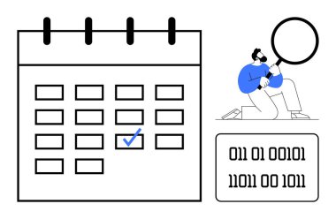İşaretli tarihi olan büyük bir takvim, yanında ikili kod ve büyüteçle veri inceleyen bir kişi. Zamanlama, analiz, araştırma, kodlama, teknoloji, planlama için ideal