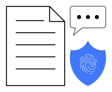Kağıt belge, noktalı konuşma balonu, parmak izli kalkan. Veri gizliliği, güvenlik, dijital kimlik, GDPR, koruma, hukuki iletişim için ideal basit düz metafor