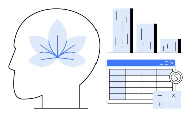 Çiçek açan insan kafası zihinsel berraklığı, bar çizelgesini ve analiz için hesap çizelgesini sembolize ediyor. Finans, analiz, bütçe, strateji, farkındalık işi başarısı için idealdir. Basit.