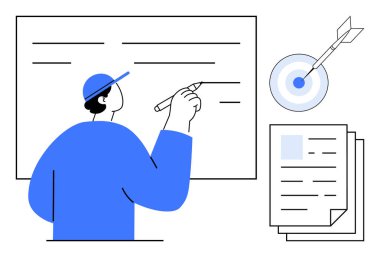 Kağıtlar ve hedefler planlama, strateji ve verimliliği vurgularken gemide yazan kişi. Hedef belirleme, eğitim, takım çalışması, proje yönetimi, karar verme, odaklanma motivasyonu için ideal