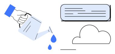 Damlalar düşerken, el ile suyu en düşük bulut formuna dökerek. Metin dikdörtgeni ve bulut, bağlantı, işbirliği, yaratıcılık anlamına gelir. Yenilik için ideal, bulut depolama, ilham