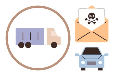 Çember şeklinde bir kamyon, bir araba ve kafatası ve çapraz kemikli bir zarf. Lojistik, risk yönetimi, taşımacılık, güvenlik bilinci, iletişim, ulaşım ve tehlike için ideal